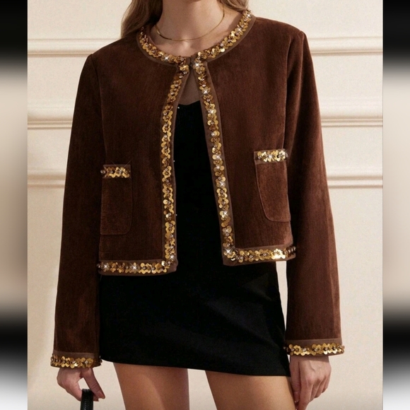 Women's Elegant Sequins & Sequins Embellished Jacket With Snap Closure High-End - Picture 1 of 4